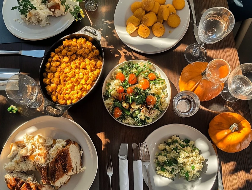 A collection of colorful Thanksgiving side dishes including roasted vegetables, mashed potatoes, and stuffing arranged on a festive table.