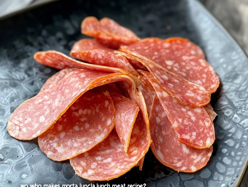 Sliced mortadella lunch meat arranged on a wooden board - who makes mortadella lunch meat recipe?