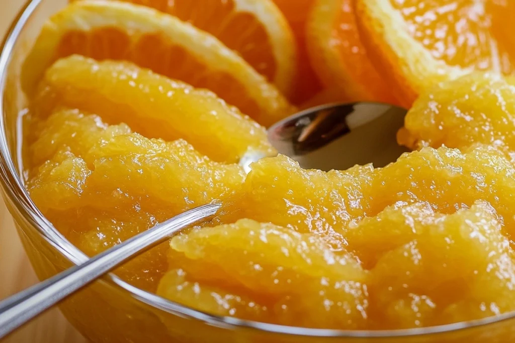 Creamsicle orange fluff in a glass bowl, ready to be served.