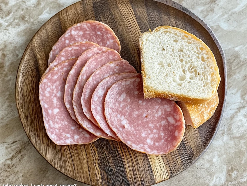 Sliced mortadella lunch meat arranged on a wooden board - who makes mortadella lunch meat recipe?