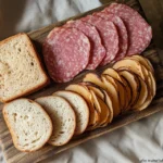 Sliced mortadella lunch meat arranged on a wooden board - who makes mortadella lunch meat recipe?