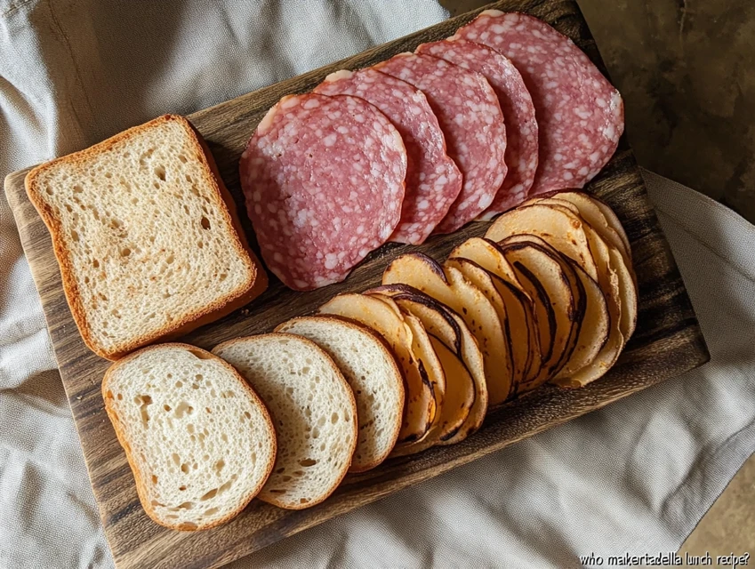 Sliced mortadella lunch meat arranged on a wooden board - who makes mortadella lunch meat recipe?