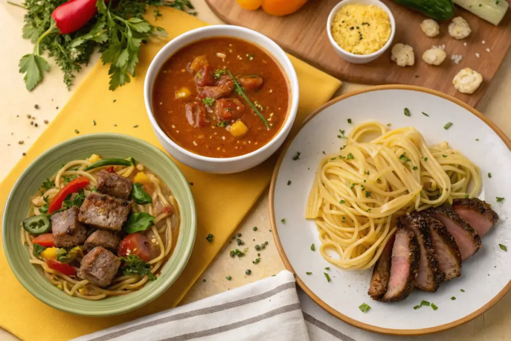 A variety of 10 good dinner foods on a colorful table