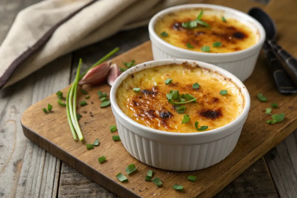 Delicious homemade crab brulee recipe in ramekins.