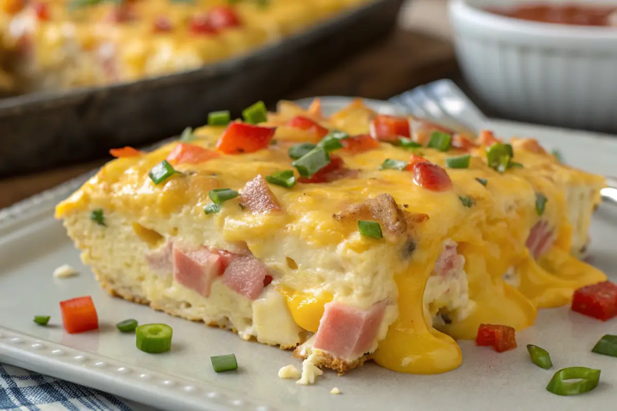 A delicious breakfast casserole recipe with eggs, cheese, and vegetables.