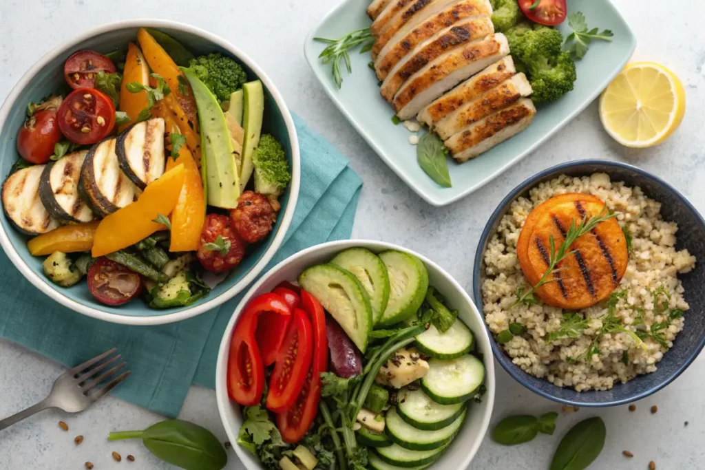 A variety of 10 good dinner foods on a colorful table