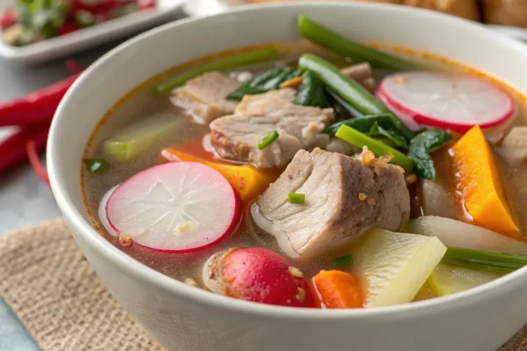 A steaming bowl of sinigang with pork, vegetables, and a tangy broth