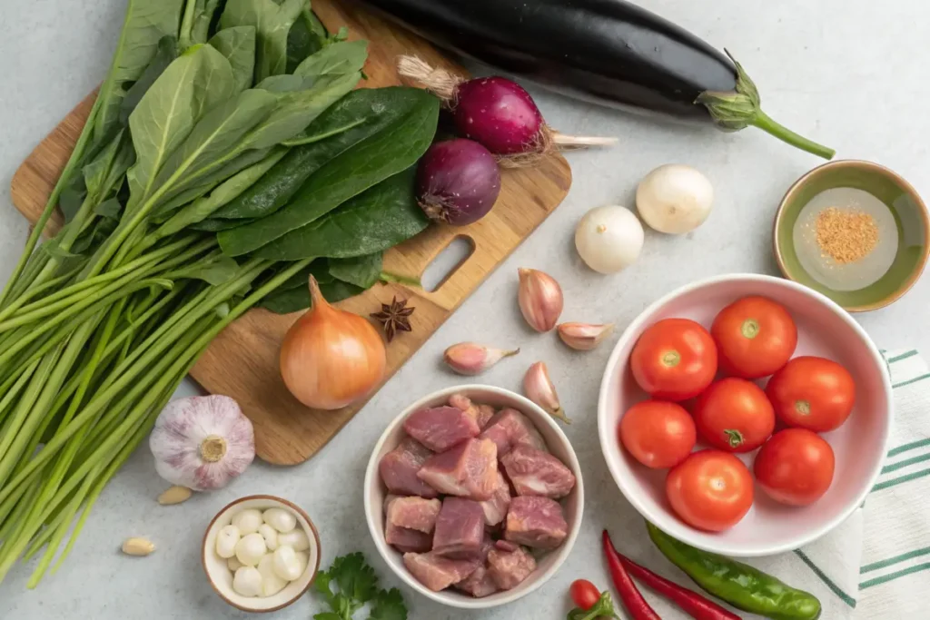 Ingredients for making sinigang, including pork, vegetables, and tamarind