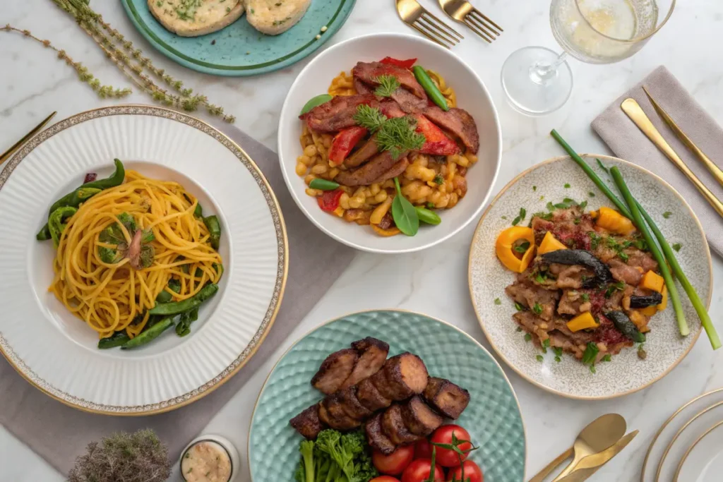 A variety of 10 good dinner foods on a colorful table