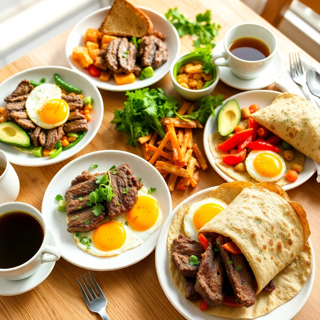 A delicious spread of beef breakfast dishes, including steak and eggs, a beef skillet with vegetables, and a beef and egg wrap, served with fresh garnishes.