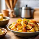 Golden and crispy breakfast potatoes served on a white plate, garnished with fresh parsley