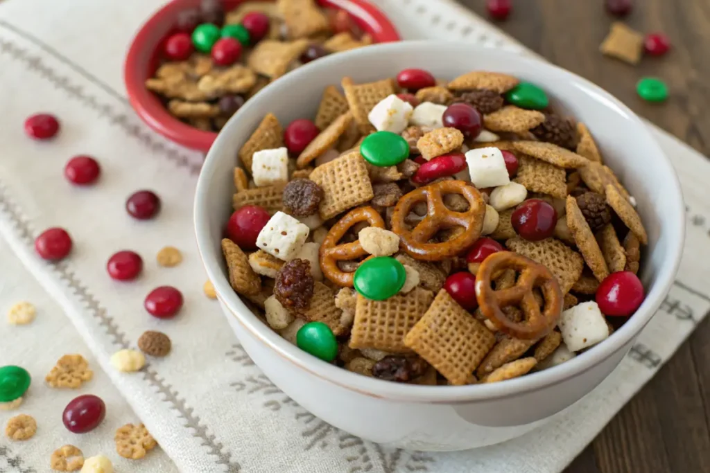 Delicious Christmas Chex Mix in a bowl