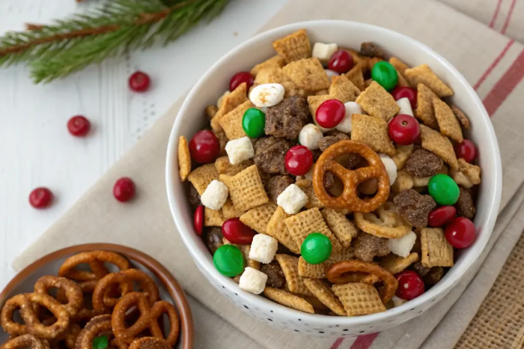 Delicious Christmas Chex Mix in a bowl