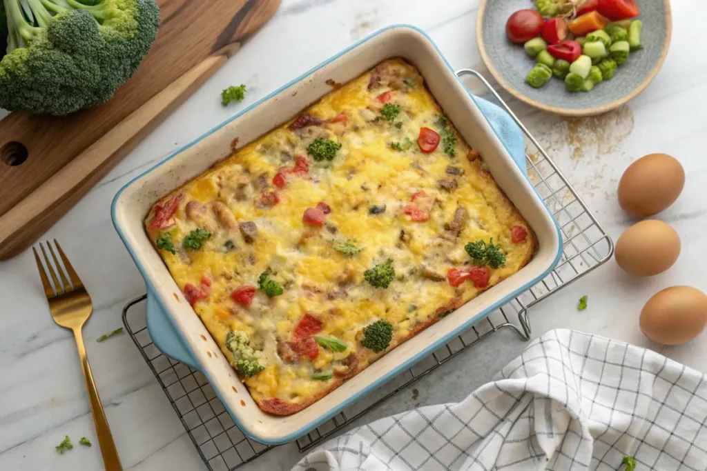 A delicious gluten free breakfast casserole recipe with vegetables and cheese.gluten-free hashbrown casserole featuring crispy hashbrowns, vegetables, and cheese.