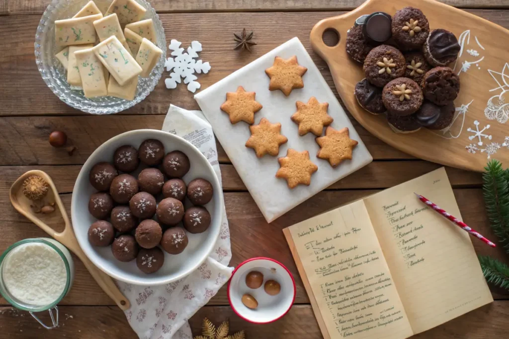 A top-down view of grandma christmas dessert recipes, including cookies and pies.