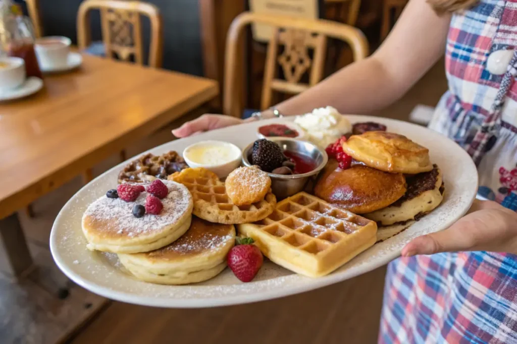 A delicious sweet breakfast recipe of fluffy pancakes with fruit.