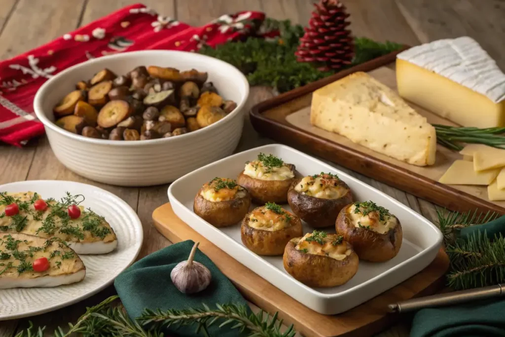 A delicious Christmas Eve dinner spread with festive dishes.