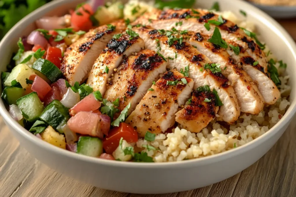 Various diced chicken breast recipes on a wooden table