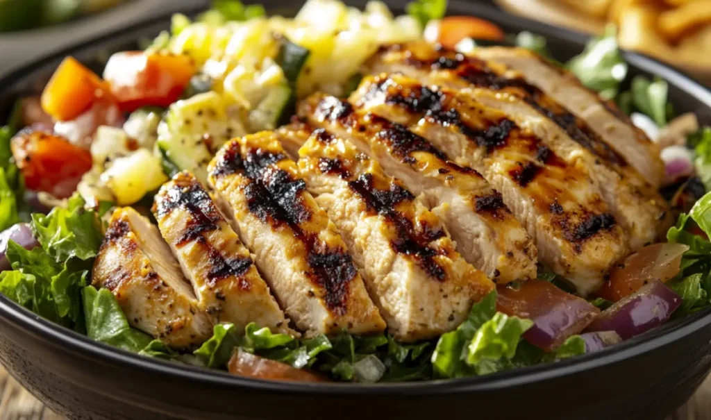 Various diced chicken breast recipes on a wooden table