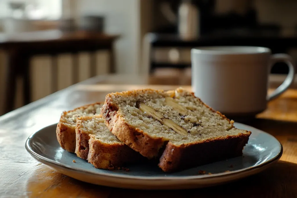 Slices of moist banana bread recipe on a wooden cutting board.