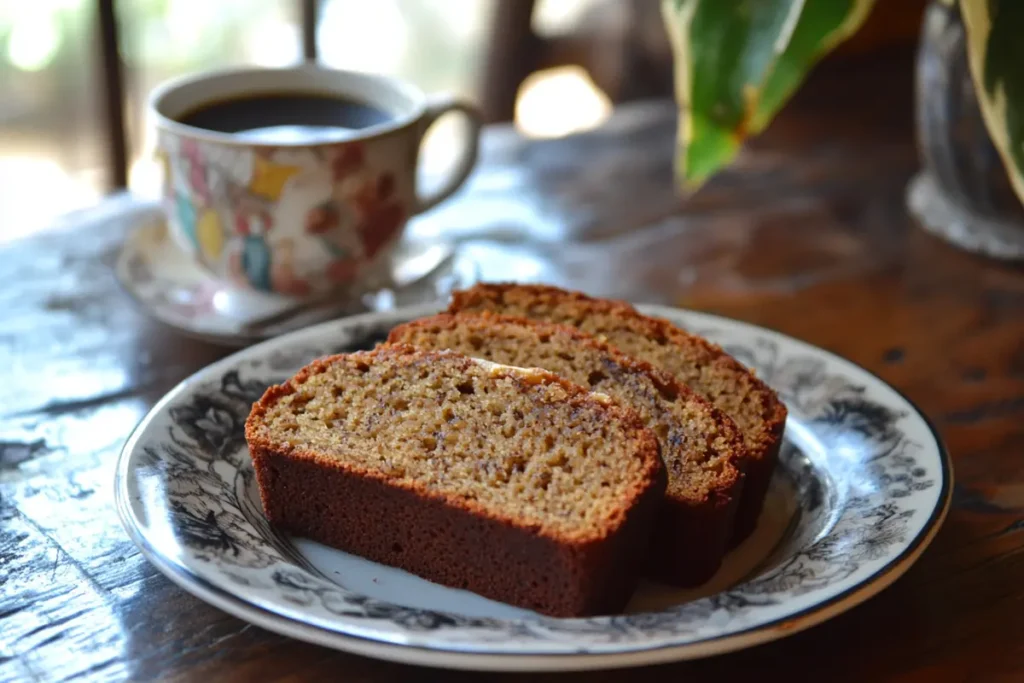 Slices of moist banana bread recipe on a wooden cutting board.