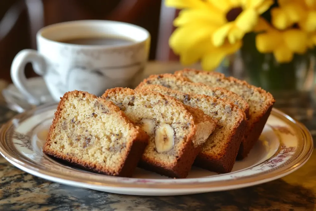 Slices of moist banana bread recipe on a wooden cutting board.