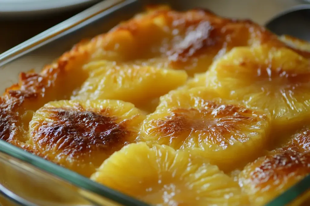 Delicious pineapple casserole recipe with a golden crust.