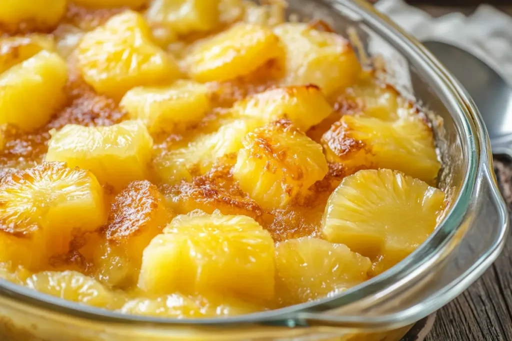 Delicious pineapple casserole recipe with a golden crust.