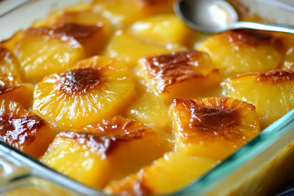 Delicious pineapple casserole recipe with a golden crust.