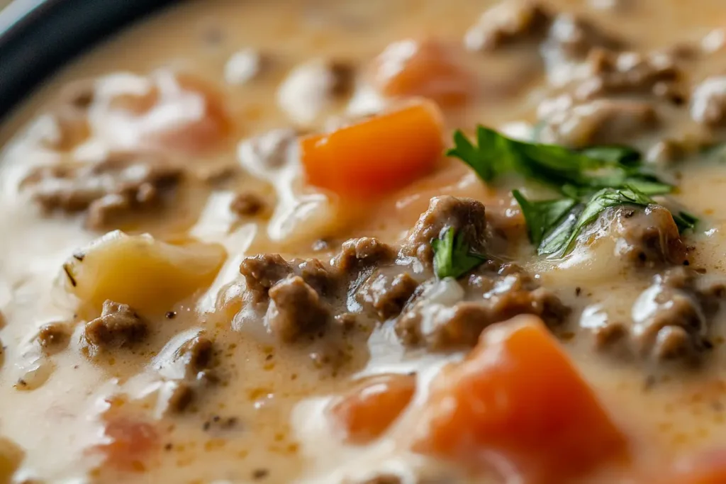 Taste of Home Cheeseburger Soup in a bowl.