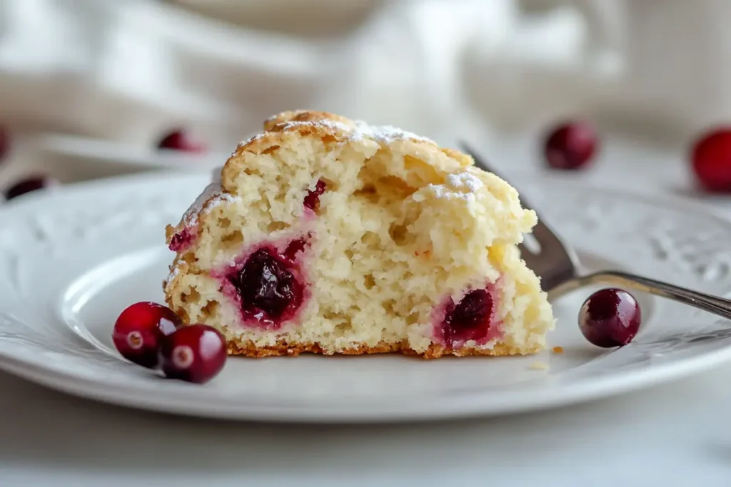 A close-up of freshly baked cranberry orange scones.