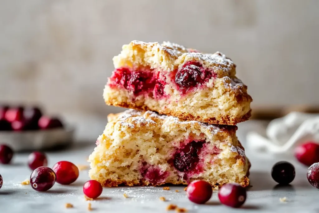 A close-up of freshly baked cranberry orange scones.