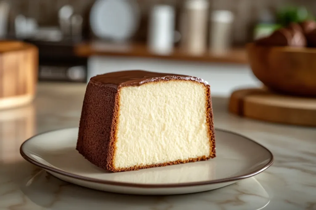 Delicious chocolate cream cheese pound cake on a plate.