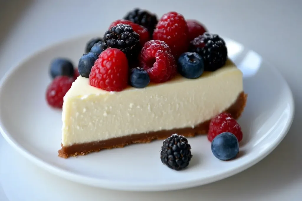 Delicious no-bake cheesecake with berry toppings