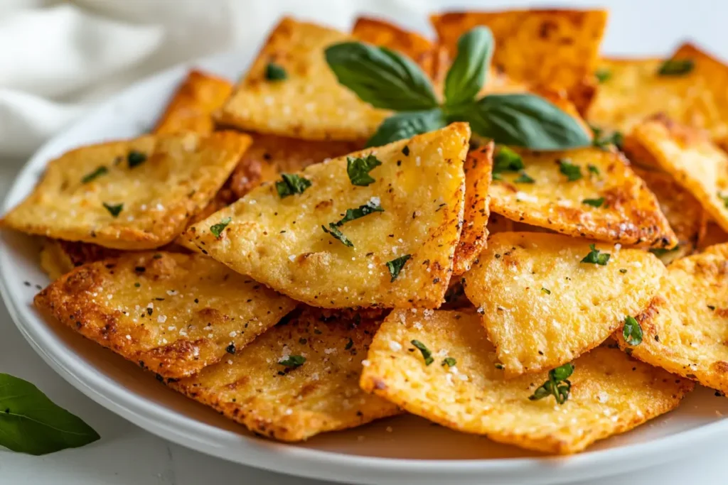 Delicious and crispy keto pizza chips on a plate