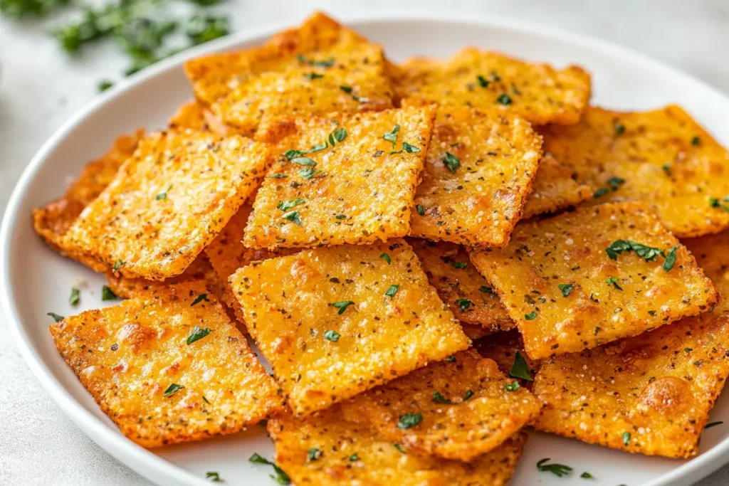 Delicious and crispy keto pizza chips on a plate