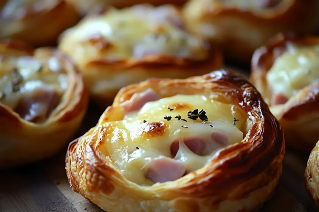 Various puff pastry breakfast recipes on a wooden table.