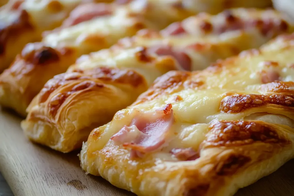 Various puff pastry breakfast recipes on a wooden table.