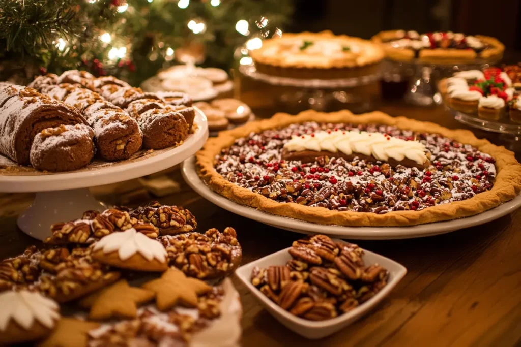 A festive display of Christmas dessert items.