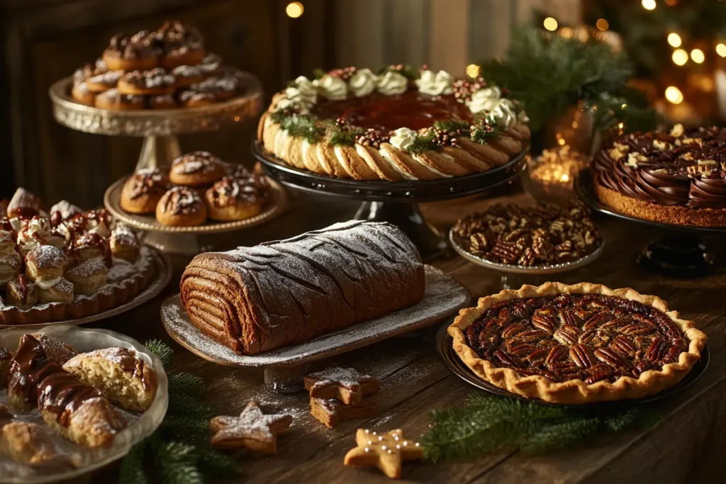 A festive display of Christmas dessert items.