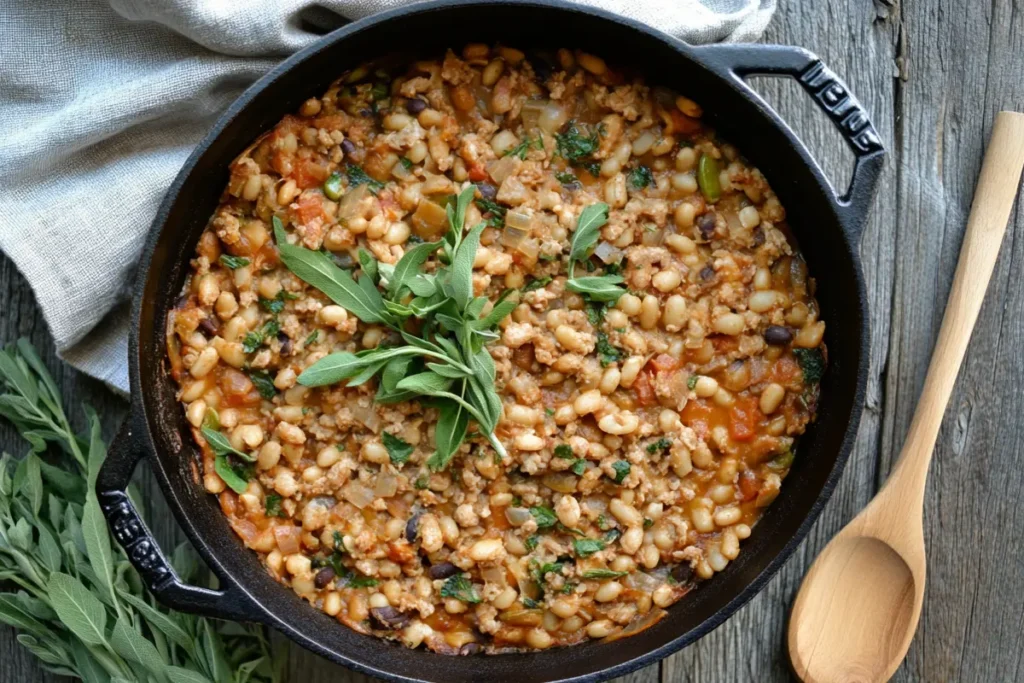 Hearty cassoulet recipe in a pot.