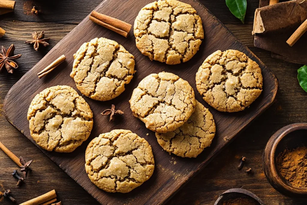 Freshly baked ginger snap cookies on a cooling rack.
