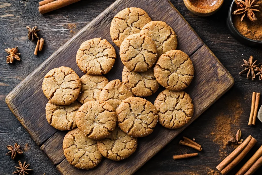 Freshly baked ginger snap cookies on a cooling rack.