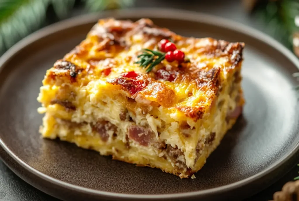 Delicious Christmas breakfast casserole ready to eat.