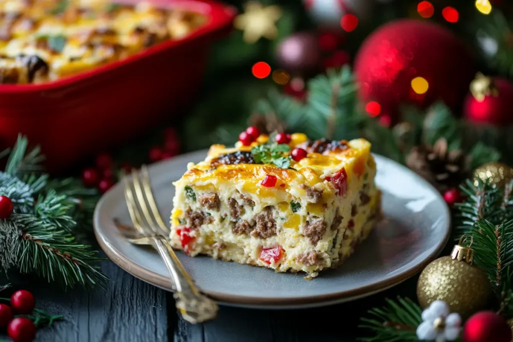 Delicious Christmas breakfast casserole ready to eat.