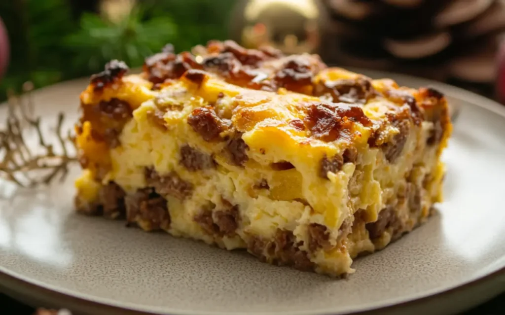 Delicious Christmas breakfast casserole ready to eat.