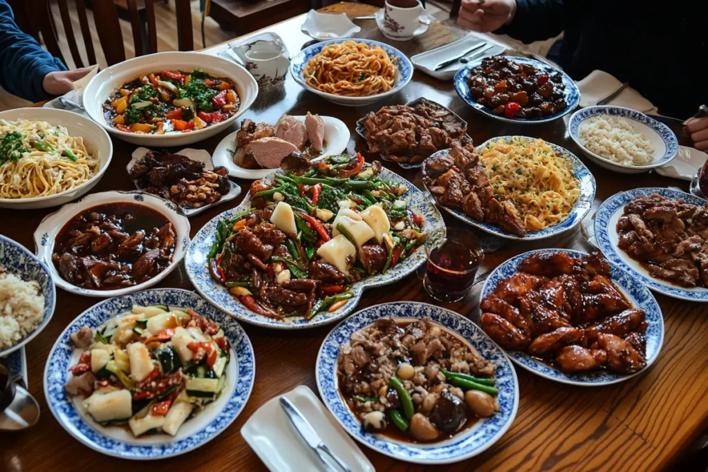 A variety of 10 good dinner foods on a colorful table