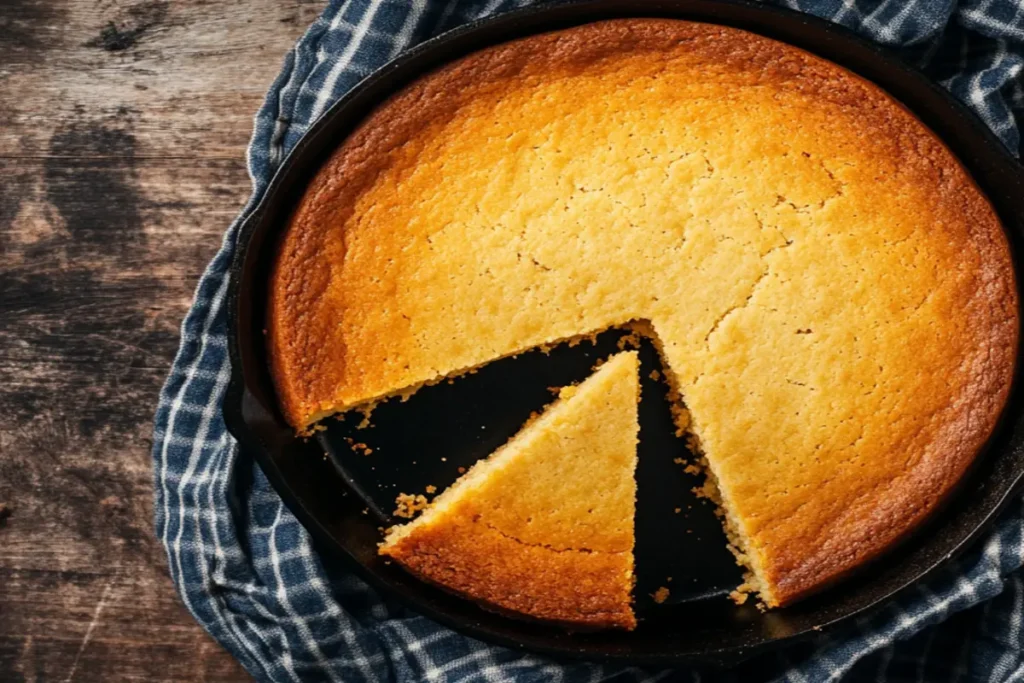 Freshly baked southern cornbread recipe in a cast iron skillet.