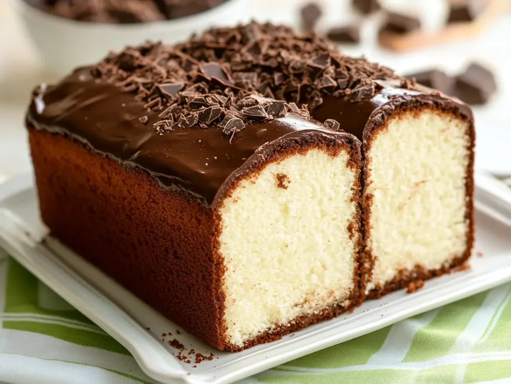 Delicious chocolate cream cheese pound cake on a plate.
