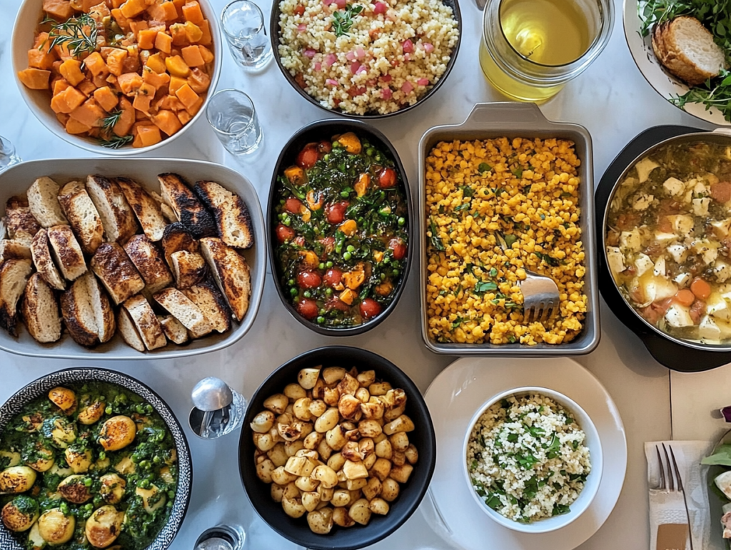 "A colorful spread of recipes for vegan dinner party dishes with vegetables and grains